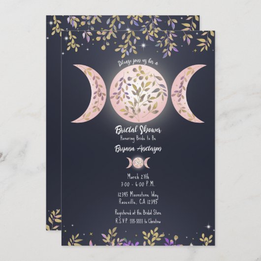 Triple Moon Goddess Botanical Blue Brautparty Einladung (Vorne/Hinten)