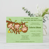 TRIPLET Affen Kinderdusche Einladungen GREEN MM2 (Stehend Vorderseite)