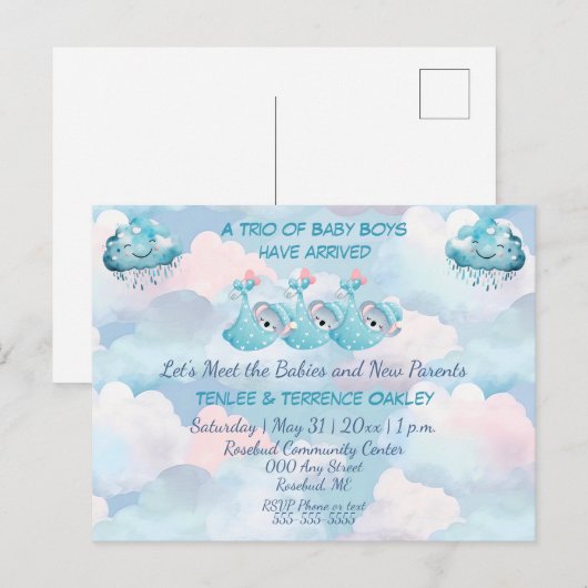 Triplet Baby Boys Blue Shower Invitation Postcard Postkarte (Vorne/Hinten)
