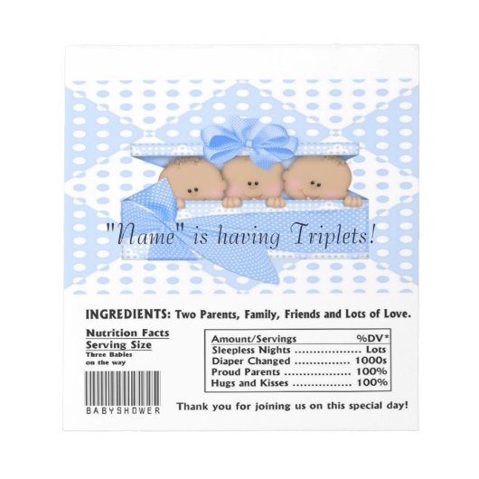 Triplet Baby Dusche Candy Bar Wrappers Gastgeschen Notizblock (Vorderseite)