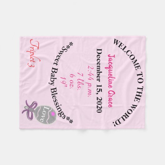 Triplet Baby Girl Pink Rattle Fleece Blanket (Vorderseite (Horizontal))