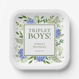 Triplet Boys Blue Hydrangeas Baby Dusche Pappteller