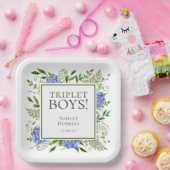 Triplet Boys Blue Hydrangeas Baby Dusche Pappteller (Party)