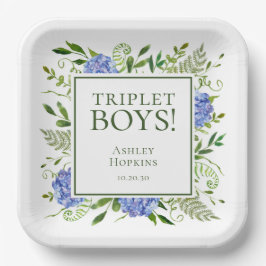Triplet Boys Blue Hydrangeas Baby Dusche Pappteller