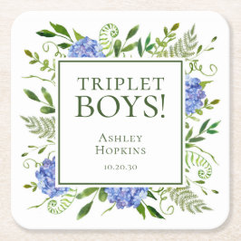 Triplet Boys Blue Hydrangeas Baby Dusche Rechteckiger Pappuntersetzer