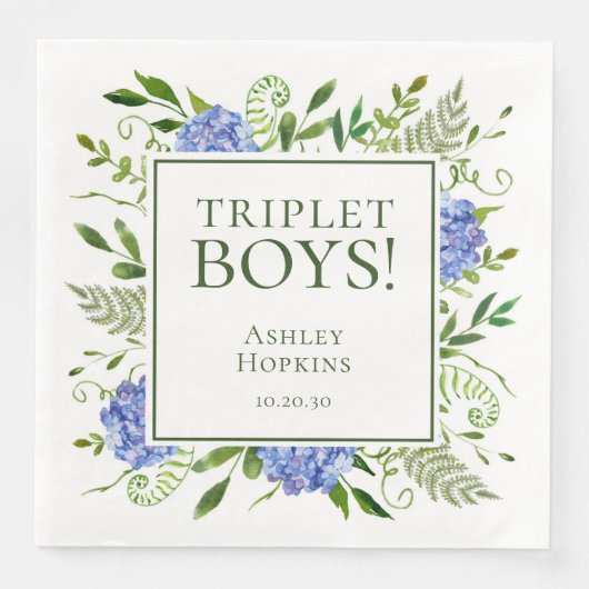 Triplet Boys Blue Hydrangeas Baby Dusche Serviette (Vorderseite)