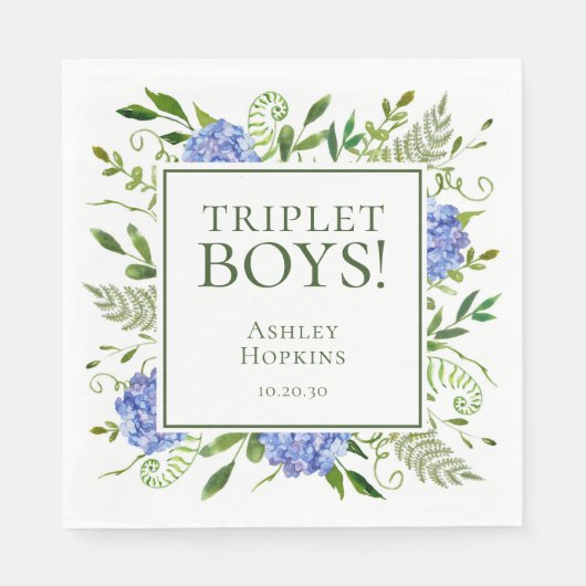 Triplet Boys Blue Hydrangeas Baby Dusche Serviette (Vorderseite)
