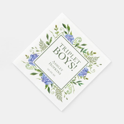 Triplet Boys Blue Hydrangeas Baby Dusche Serviette (Ecke)