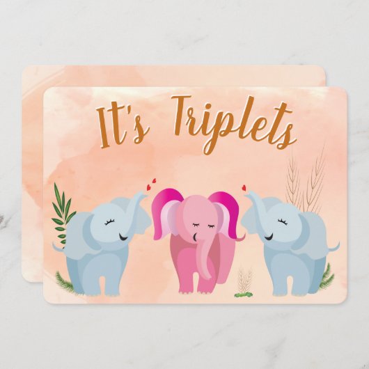 Triplet Elephant Baby Dusche Einladung (Vorne/Hinten)