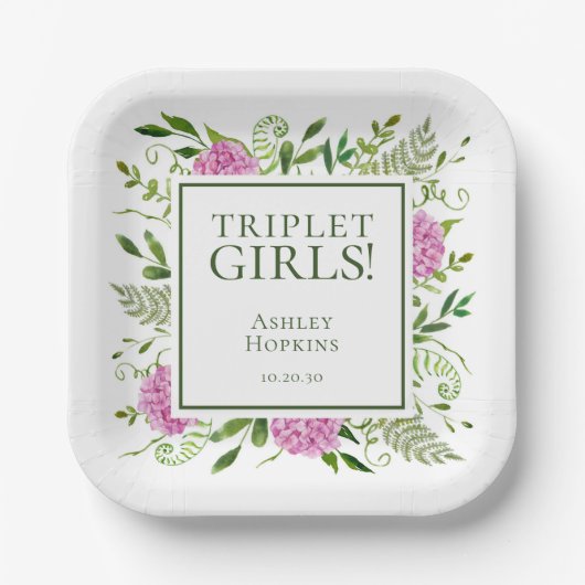Triplet Girls Pink Hydrangeas Girl Baby Dusche Pappteller (Vorderseite)