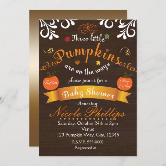 Triplets 3 PUMPKINS Herbst BABY SHOWER Einladung (Vorne/Hinten)