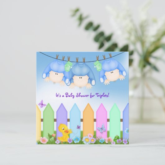 Triplets Baby Boy Dusche Einladung (Stehend Vorderseite)