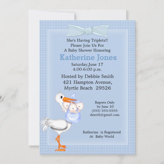 Triplets Baby Boy Shower Invitation (Stork) Einladung (Vorderseite)