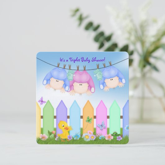 Triplets Baby Dusche Einladung (Stehend Vorderseite)