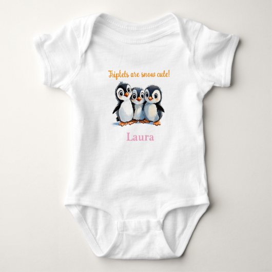 Triplets Baby Duschgeschenk, Pinguine, mit Namen, Baby Strampler (Vorderseite)