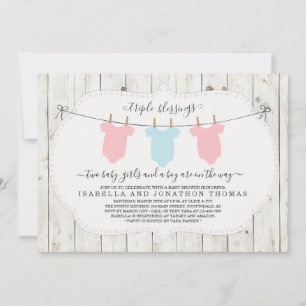 Triplets Baby Shower Einladung - 2 Mädchen & 1 Jun