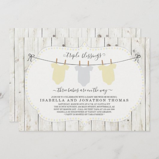 Triplets Baby Shower Invitation - Gender Neutral Einladung (Vorne/Hinten)