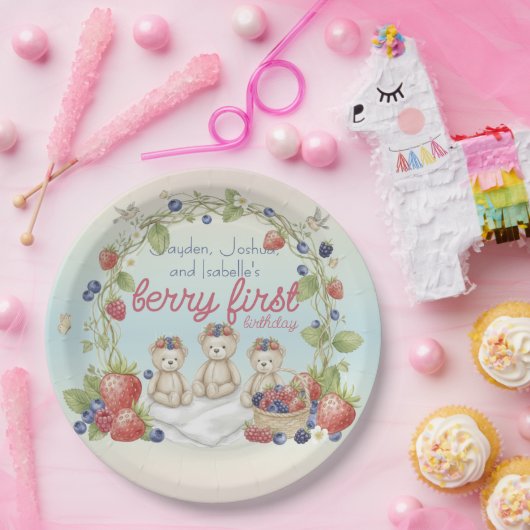 Triplets Berry First Birthday Party Pappteller (Party)