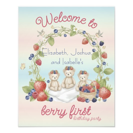 Triplets Berry First Birthday Party Poster (Vorne)