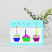 Triplets Cupcake Einladung zum Geburtstag (Stehend Vorderseite)