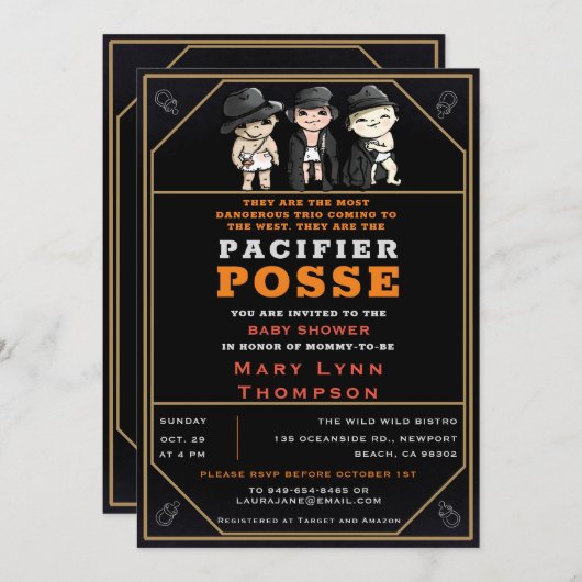 Triplets Schnuller Posse Wild West Fun Kinderdusch Einladung (Vorne/Hinten)