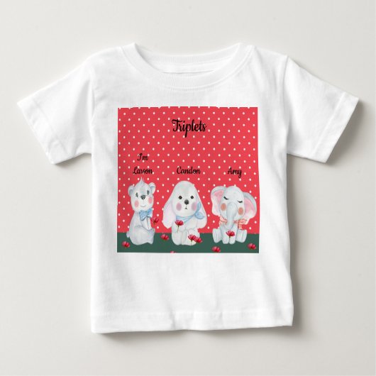 Triplets Teemaschine für Junge in Rot mit Tieren Baby T-shirt (Vorderseite)