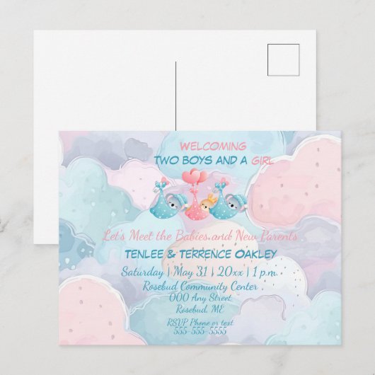 Triplets Two Boys and A Girl Shower Invite Postkarte (Vorne/Hinten)