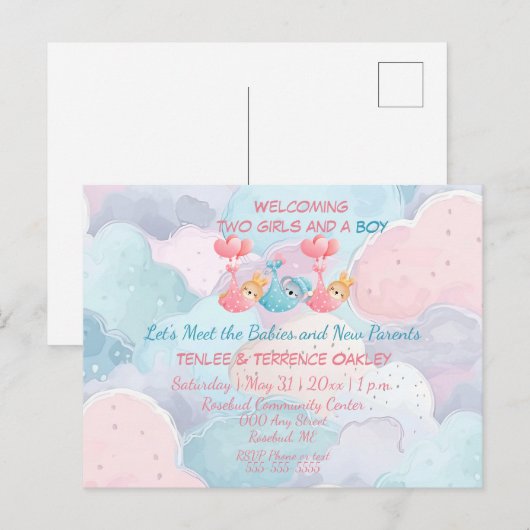 Triplets Two Girls and A Boy Shower Invite Postkarte (Vorne/Hinten)