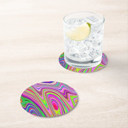 Trippelgelb und rosa Abstrakte Groovy Retro Art Runder Pappuntersetzer (Vor Ort)