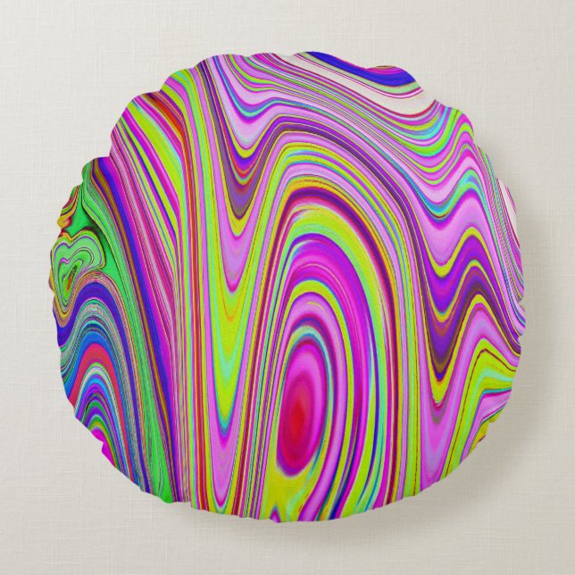 Trippelgelb und rosa Abstrakte Groovy Retro Art Rundes Kissen (Vorderseite)
