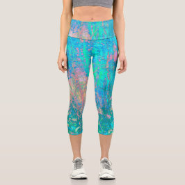 Trippy Aqua Sunrise mit psychedelischen Blume Capri Leggings