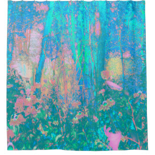 Trippy Aqua Sunrise mit psychedelischen Blume Duschvorhang