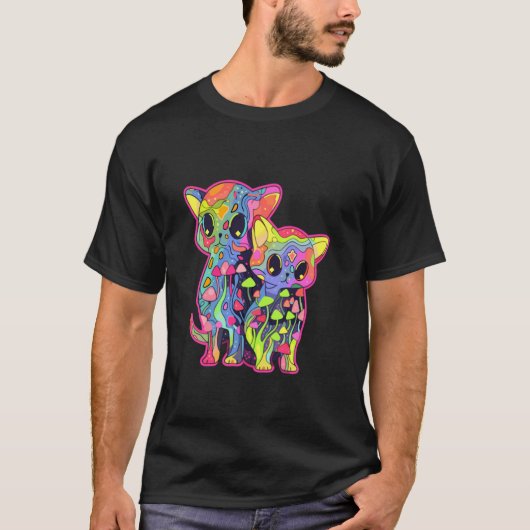 Trippy Art Mushroom Cat Psychedelic Festival T-Shirt (Vorderseite)