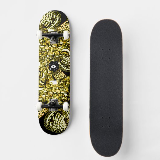 Trippy Black Gold Doodle Skateboard (Vorderseite)