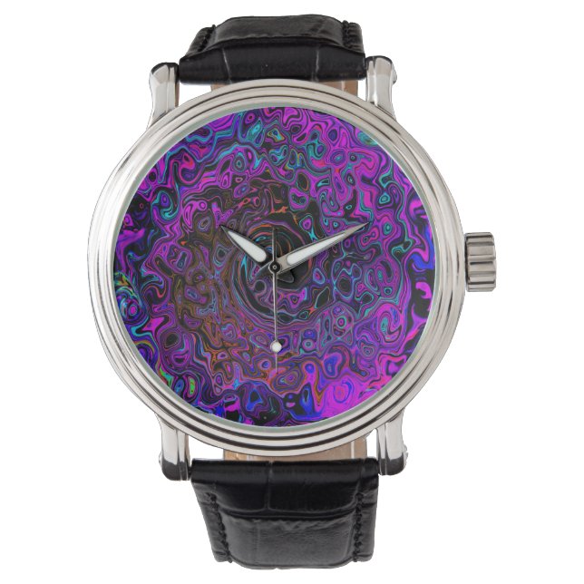 Trippy Black und Magenta Retro Liquid Swirl Armbanduhr (Vorderseite)