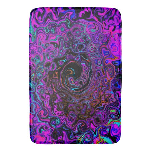 Trippy Black und Magenta Retro Liquid Swirl Badematte (Vorderseite Vertikal)