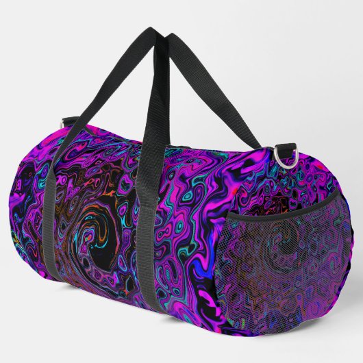 Trippy Black und Magenta Retro Liquid Swirl Duffle Bag (Rechte Ecke)