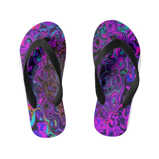 Trippy Black und Magenta Retro Liquid Swirl Kinderbadesandalen (Fußbett)
