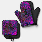 Trippy Black und Magenta Retro Liquid Swirl Ofenhandschuh & Topflappen-Set (Vorderseite/Rückseite)