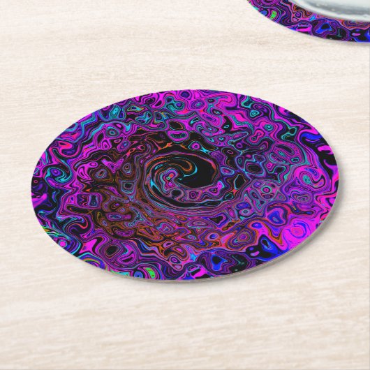 Trippy Black und Magenta Retro Liquid Swirl Runder Pappuntersetzer (Angewinkelt)