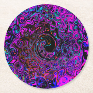 Trippy Black und Magenta Retro Liquid Swirl Runder Pappuntersetzer