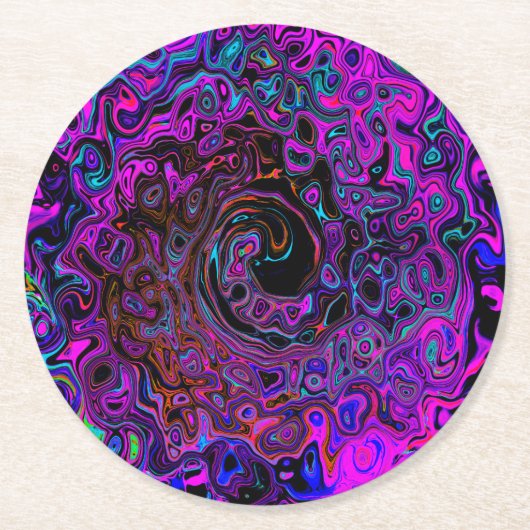 Trippy Black und Magenta Retro Liquid Swirl Runder Pappuntersetzer (Vorderseite)