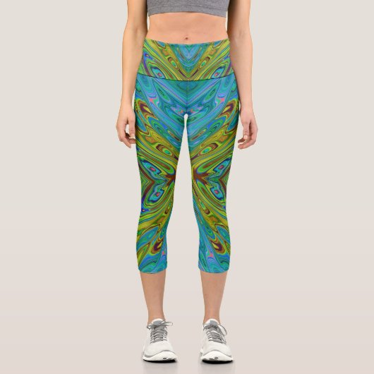 Trippy Chartreuse und Blue Abstrakt Butterfly Capri Leggings (Vorderseite)