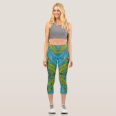 Trippy Chartreuse und Blue Abstrakt Butterfly Capri Leggings (Vorderseite)