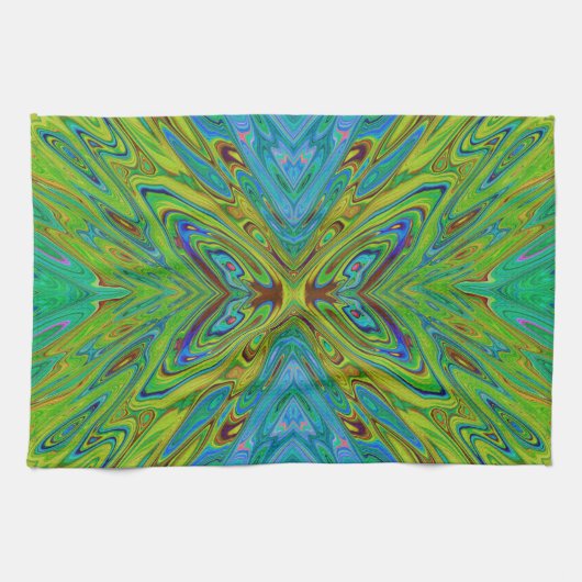 Trippy Chartreuse und Blue Abstrakt Butterfly Geschirrtuch (Horizontal)