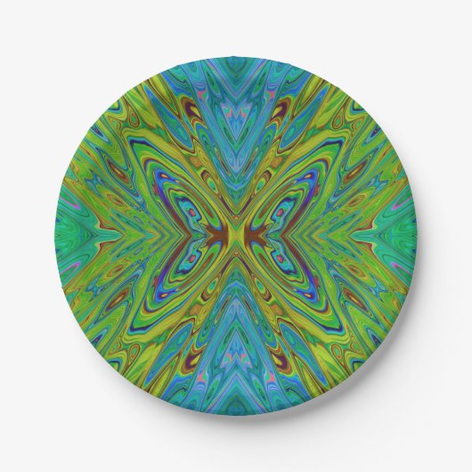 Trippy Chartreuse und Blue Abstrakt Butterfly Pappteller (Vorderseite)