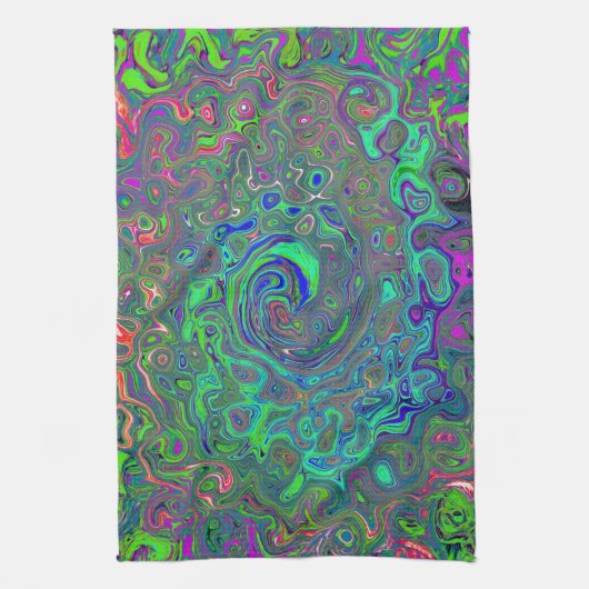 Trippy Chartreuse und Blue Retro Liquid Swirl Geschirrtuch (Vertikal)