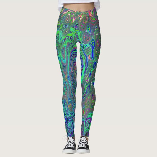 Trippy Chartreuse und Blue Retro Liquid Swirl Leggings (Vorderseite)