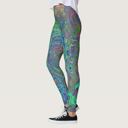Trippy Chartreuse und Blue Retro Liquid Swirl Leggings (Links)