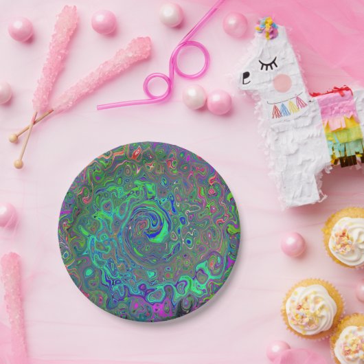 Trippy Chartreuse und Blue Retro Liquid Swirl Pappteller (Party)